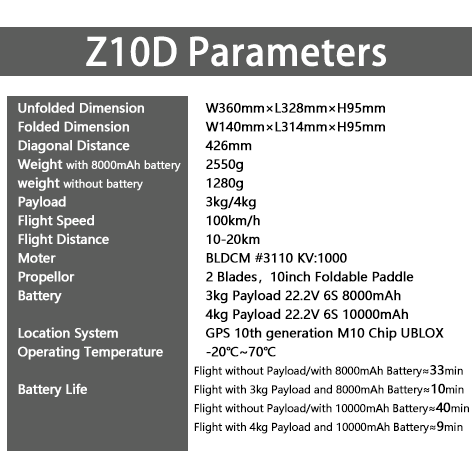 Z10D Foldable Tactical Drone — AI-Guided, 4kg Payload, Long-Range, High-Speed, Anti-Jamming, Reconnaissance-Strike Integration