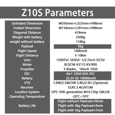 Z10S FPV ，Long-distance high-speed drone racing，5kg payload ,10000mah