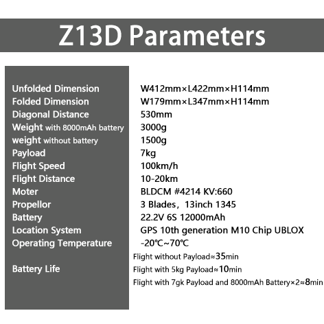 Z13D  Foldable Tactical Drone — AI-Guided, 8kg Payload, Long-Range, High-Speed, Anti-Jamming, Reconnaissance-Strike Integration